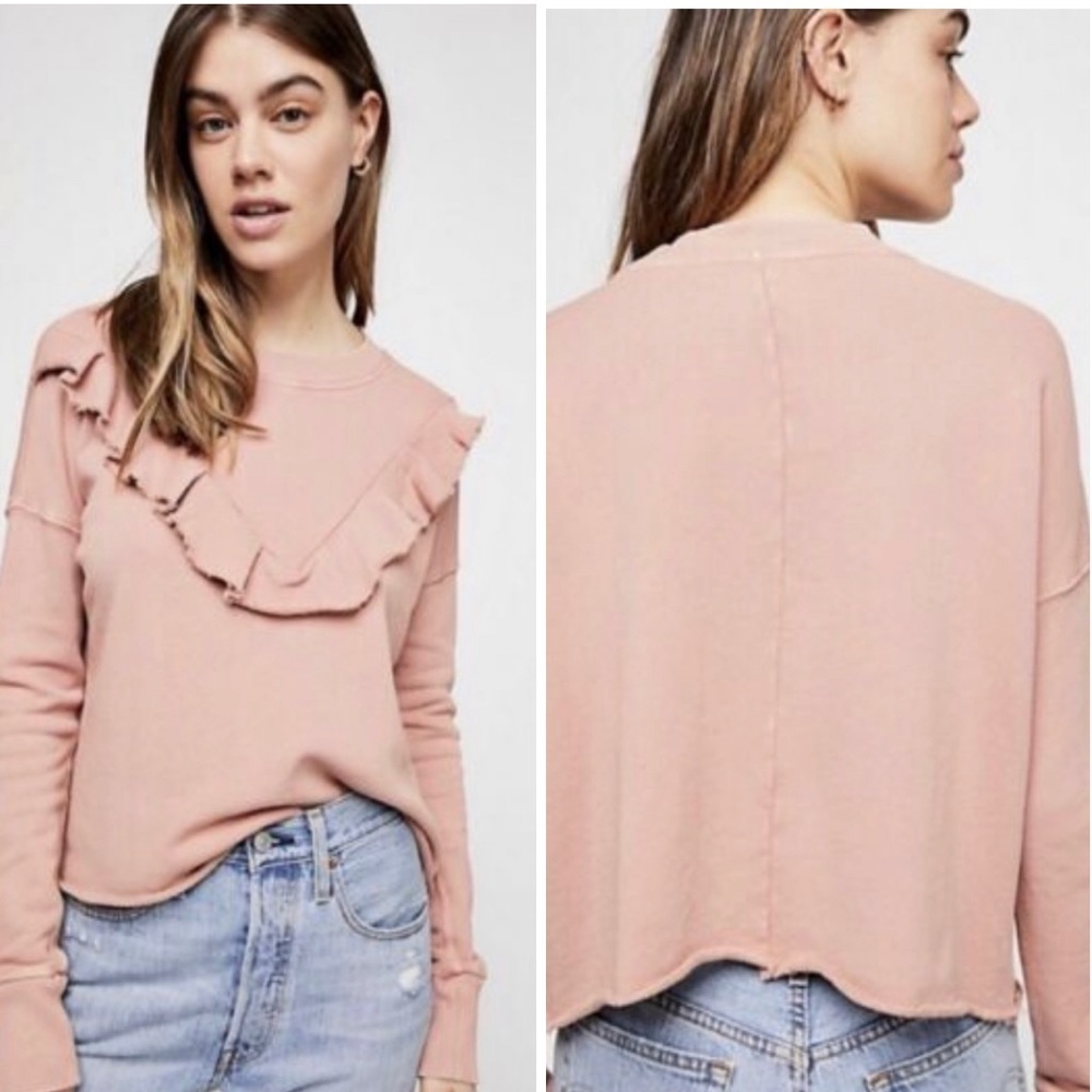 FREE PEOPLE Ooh La Ruffled Oversized Pullover Sweatshirt in Ballet Pink EUC - Picture 6 of 16